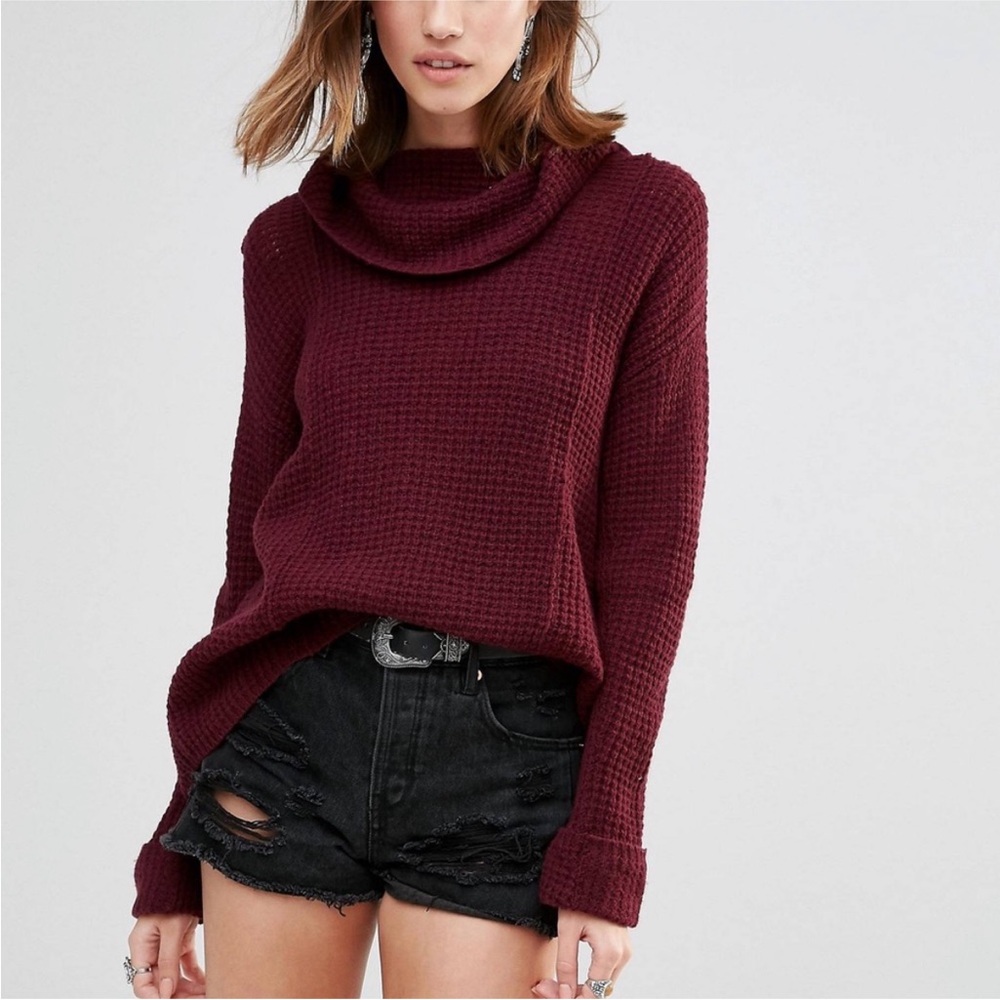 FREE PEOPLE Sidewinder Roll Neck Chunky Knit 100% Wool Sweater - Maroon Small